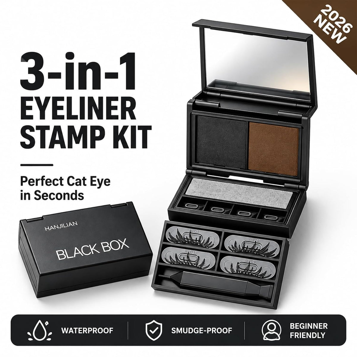 3-in-1 Eye Stamp Kit，Lower Lash & Eyeliner & Mole Mark, Black & Brown Ink