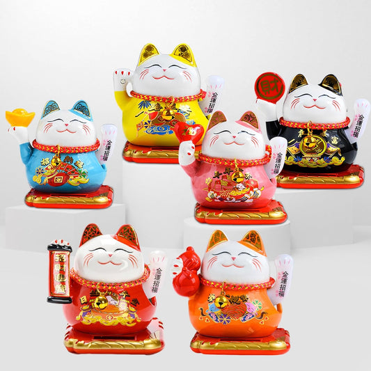 Solar Powered Japanese Lucky Fortune Maneki Neko Ceramic Cat White Waving Arm