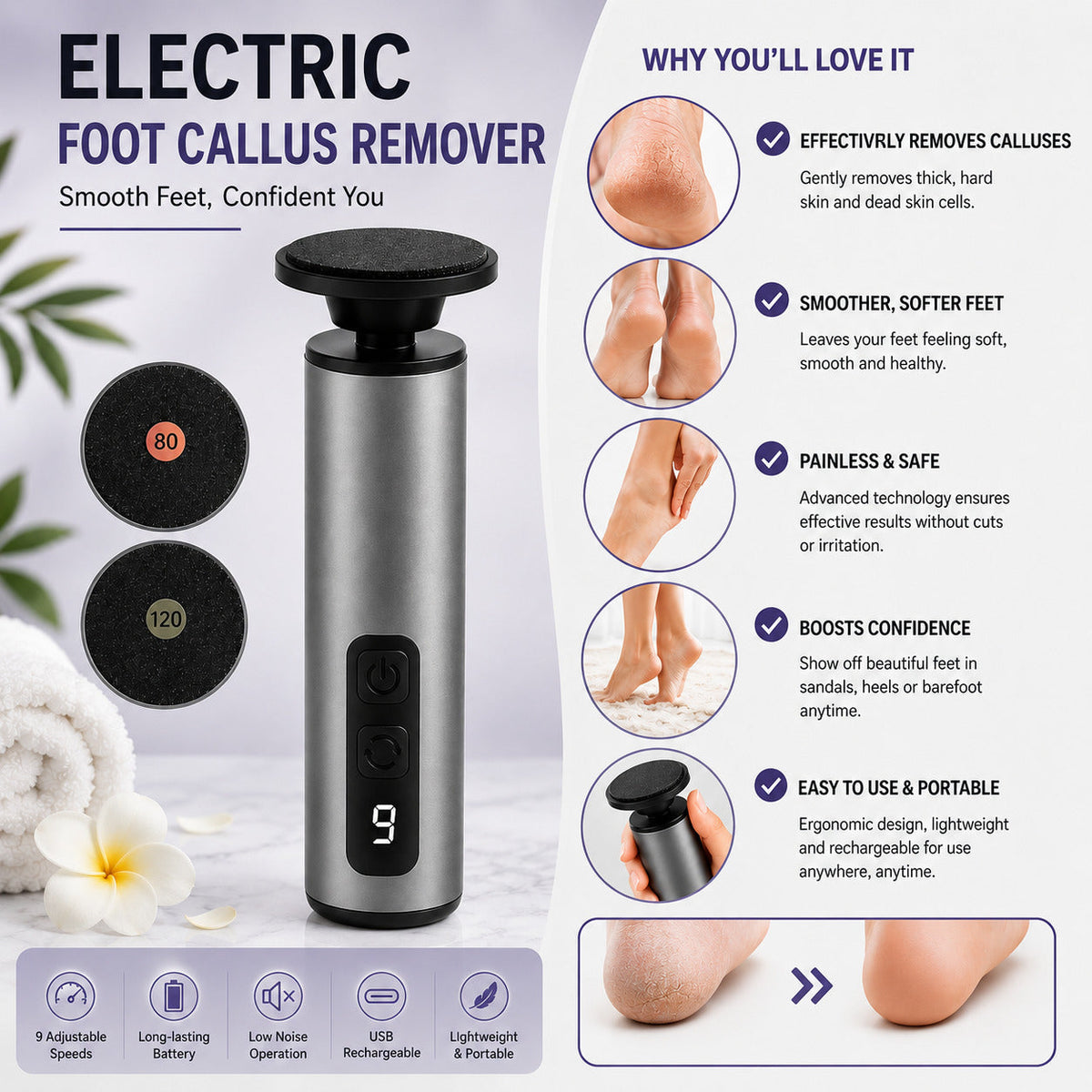 Upgraded Electric Foot Callus Remover for feet Rechargeable Pedicure Tools